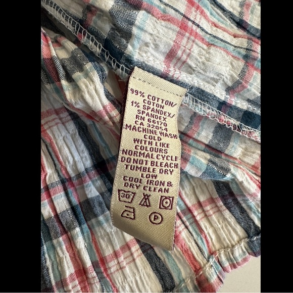 FREE PEOPLE Plaid Crinkle Top Blouse Shirt Ruched Waist Buttons Ivory Pink Blue - Picture 7 of 9